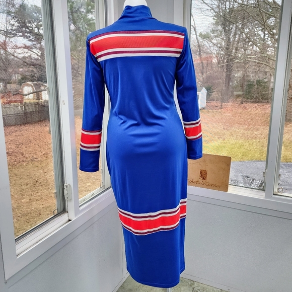 Royal Blue Red & White Ribbed Striped Mock Neck Maxi Column Knit Dress - Picture 4 of 15